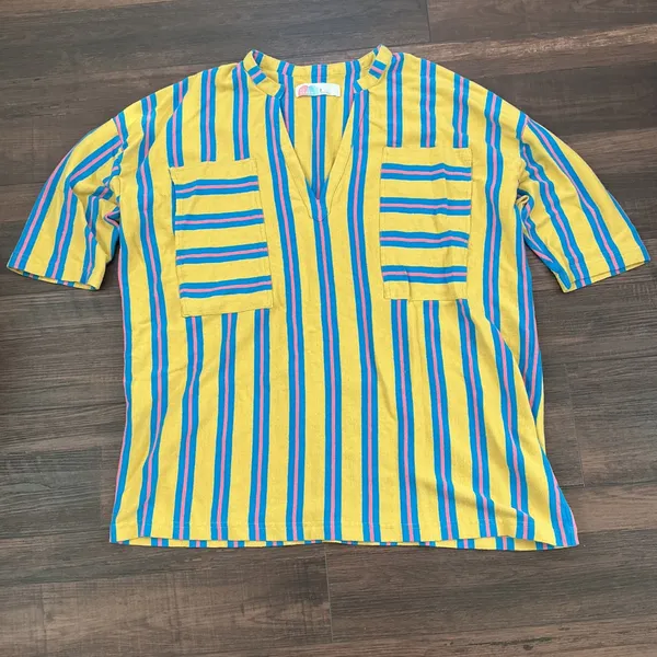 Free People FP Beach Daya Striped Tunic Dress Yellow Blue Pink Oversized M Boho - Image 2