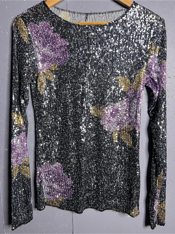 Free People Intimately Gold Rush Long Sleeve Sequin Top Black Combo. Small - Image 3