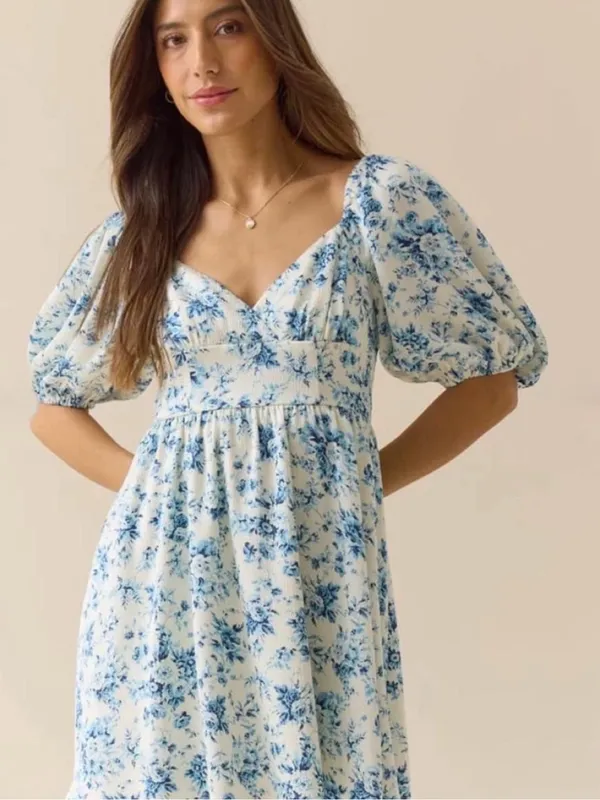 NWT Altar'd State Blue Floral Puff Sleeve CottageCore Mini Dress - Image 2