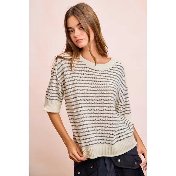 BiBi Stripes Short Sleeves Rib Banded Outseam Knit Top‎ - Cream/Grey - Medium - Image 15