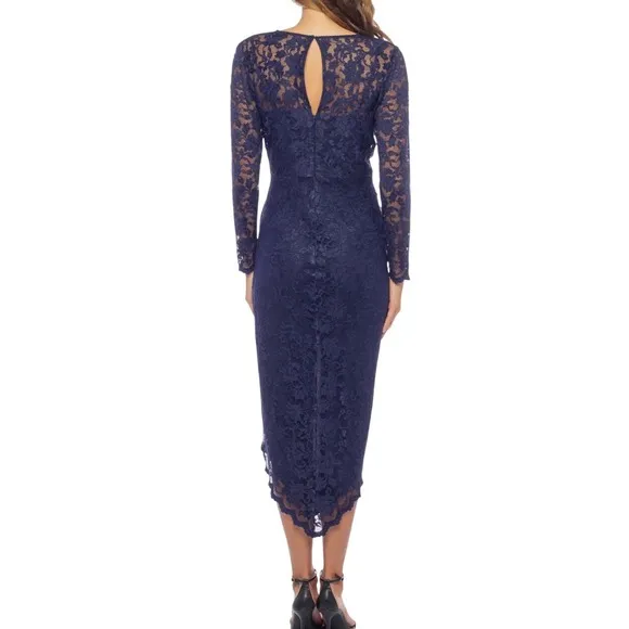 Marina NEW Navy Blue Floral Lace Faux‎ Wrap Midi Dress Asymmetrical Hem Wedding - Image 2