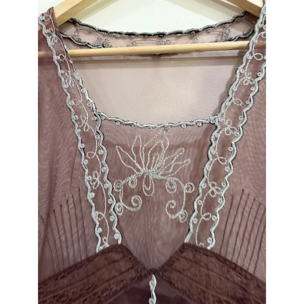 Vintage Style Sheer Mesh Embroidered Lace Trim Dress Brown Silver Size S - Image 5