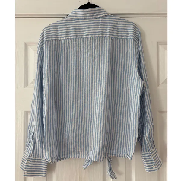 Reformation Blue White Striped Linen Tie Front Button Down Shirt Large - Image 3