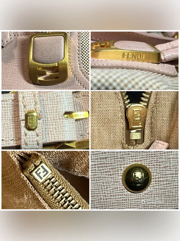 Fendi Chameleon Large Tote Bag 8BL114 Pink Leather Beige Canvas 2-Way Satchel - Image 4
