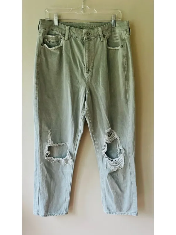 American Eagle Sz 14 Sage Green Womens Ripped High Rise Straight Mom Jeans - Image 2