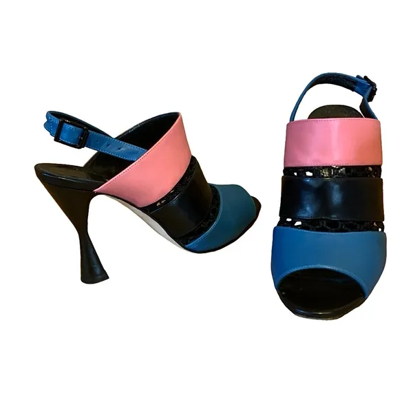Manolo Blahnik "Aspendum" Black, Blue & Pink Leather W/Mesh Heels (36.5) - Image 6