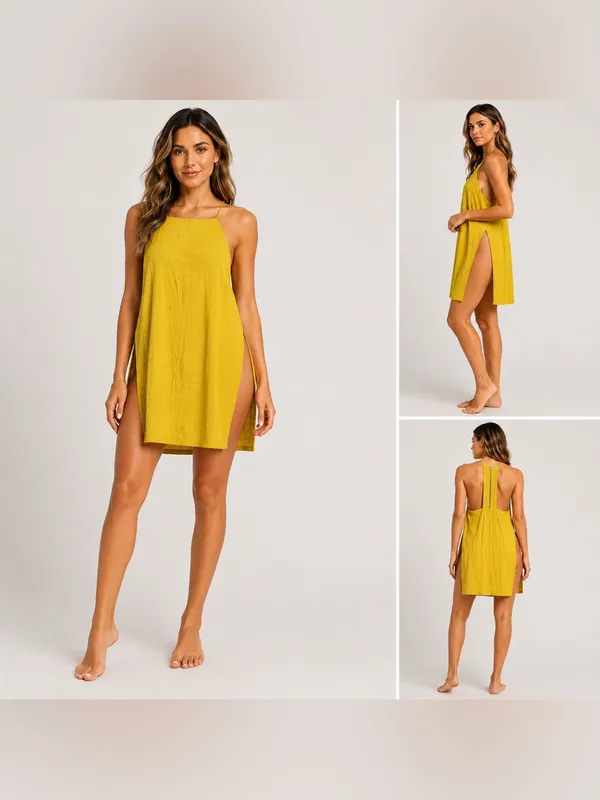 Forever 21 Contemporary Mustard Yellow Racerback Side Slit Mini Dress Size L - Image 2