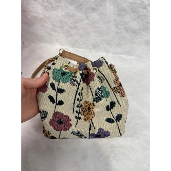 Floral Tapestry Bucket Bag Drawstring Crossbody Tan Faux Leather Trim Boho - Image 3