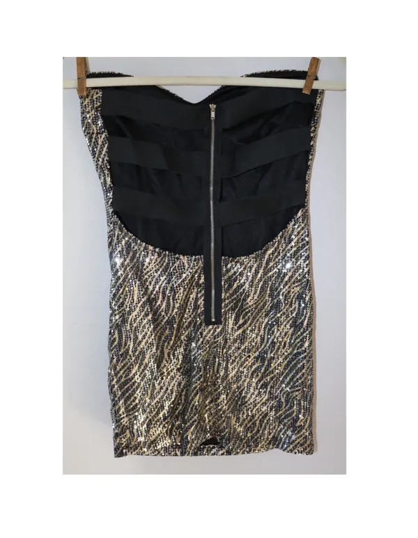 Gold Black Sequin Strapless Mini Dress Size M - Image 4