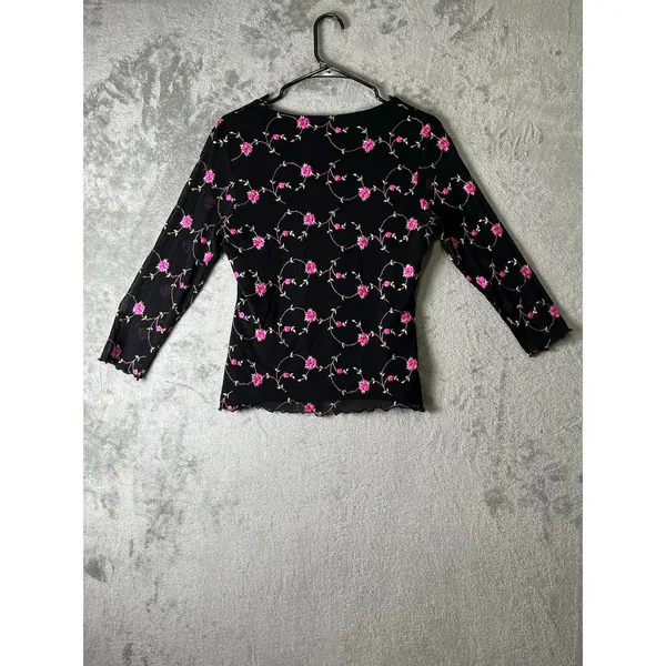 Vintage Y2K Black Pink Rose Floral Mesh V Neck Long Sleeve Top Fairy Grunge S - Image 3