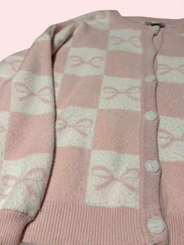 Sincerely Jules Pink and White Checkerboard Bow Cardigan - Image 3
