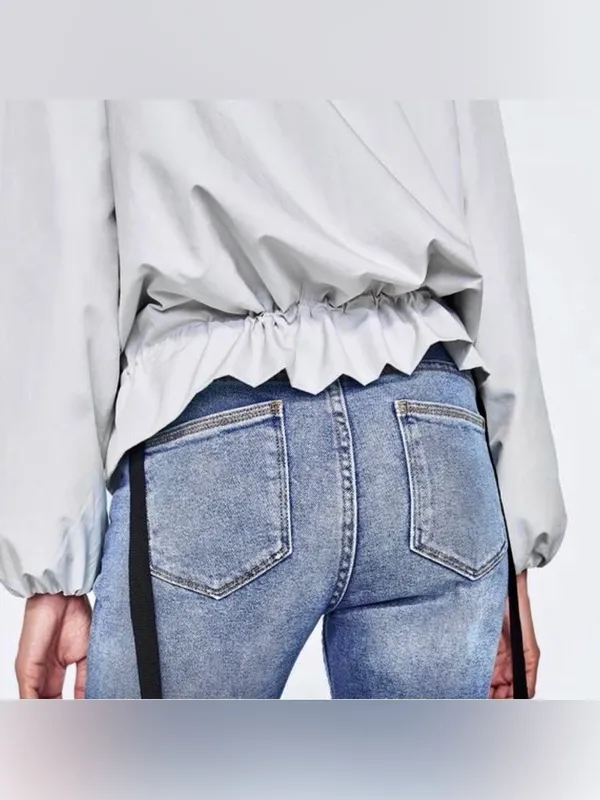 Zara Light Gray drawstring tie front peplum  Bomber windbreaker Jacket - Image 8