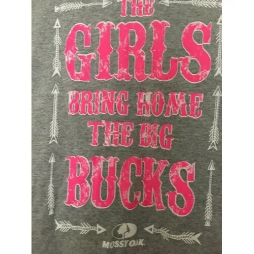 Mossy Oak Graphic T-Shirt Girls Bring Home Big Bucks Women's Size Small Gray - Image 2