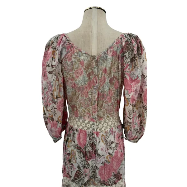 LoveShackFancy Evren Floral Lace Trim Puff Sleeve Cotton Maxi Dress Pink Small - Image 8