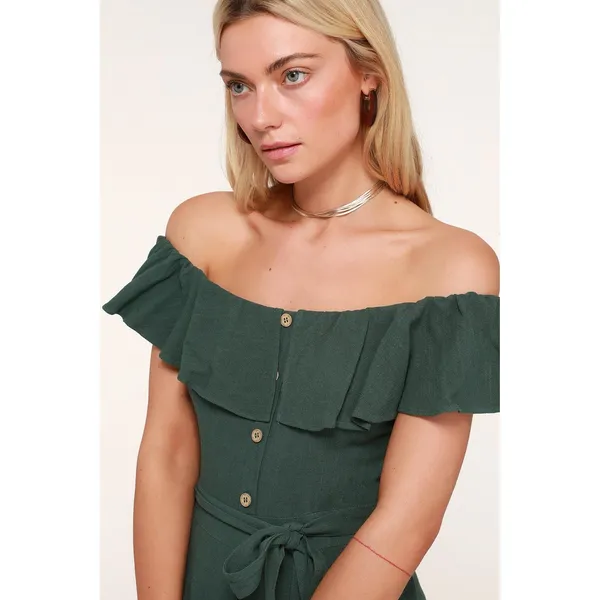 Lulu's‎ June Bloom Dk Green Linen Culotte Jumpsuit Size XS Off Shoulder - Image 10