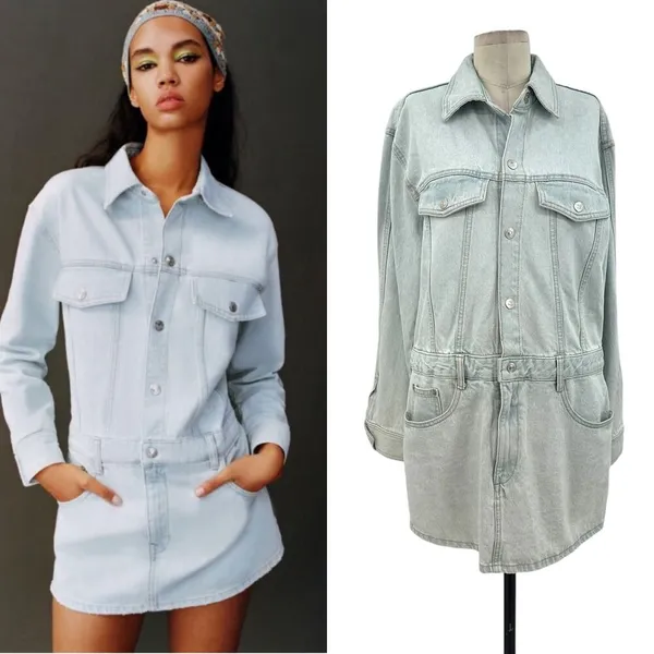 Zara Denim Short Mini Dress Light Wash Blue Long Sleeves Coverall Size Large‎ - Image 2