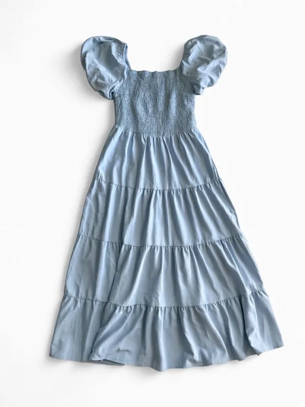 PrettyGarden Light Blue Puff Sleeve Smocked Tiered Dress Small - Image 2