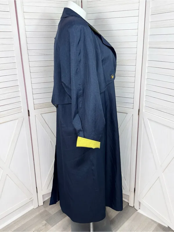 Vintage 90s Gantos Long Trench Rain Coat Navy Blue Yellow Size 14 Oversized - Image 3
