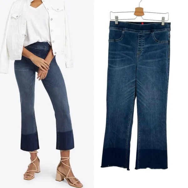 Spanx Cropped‎ Flare Denim Jeans Medium Wash Dip Dye Hem Blue Size Large - Image 2