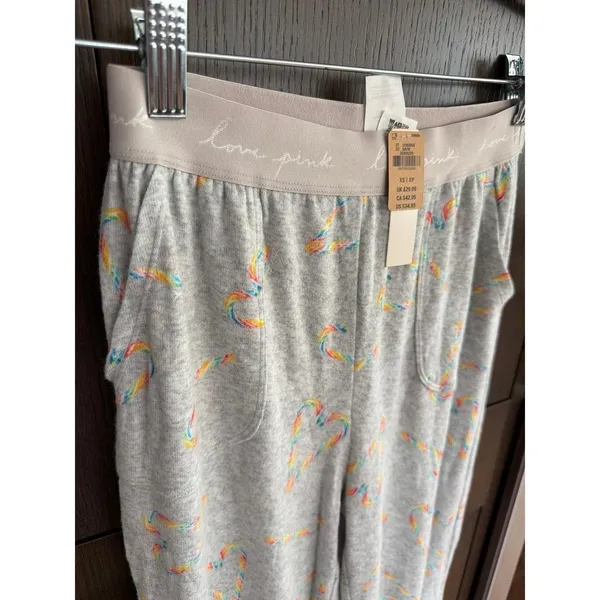 Victoria's Secret PINK Cozy Sleep Joggers gray heather fabric rainbow hearts XS - Image 2