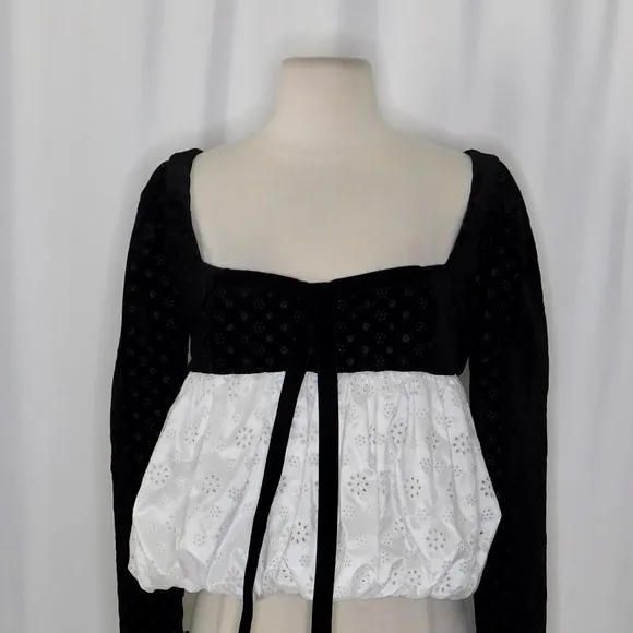 NWT!! FOR LOVE AND LEMONS‎ Elisa Long Sleeve Top Black Velvet Taffeta Eyelet XS - Image 3
