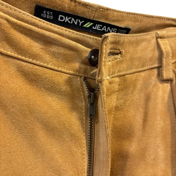 Y2K DKNY Tan Suede Leather Flared Pants Slit Trousers Fall Streetwear Retro - Image 7