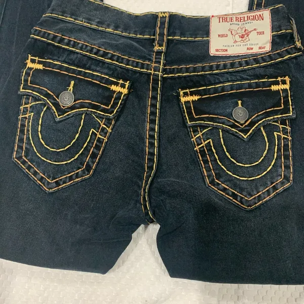 True Religion Women's Dark Blue Skinny Jeans with Yellow Contrast Stitching - Image 3
