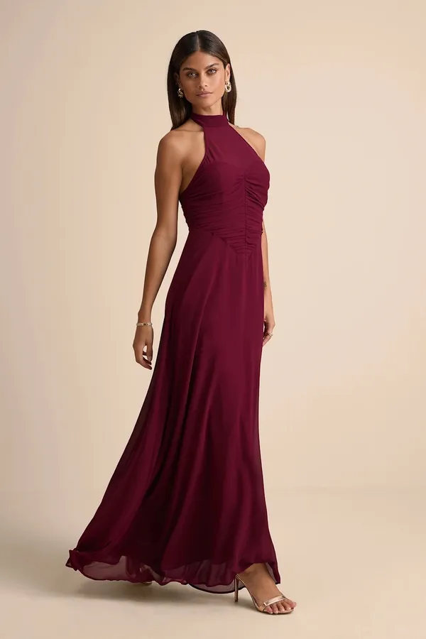 Lulu’s Cammie Burgundy Halter Neck Ruched Maxi Dress - Image 4