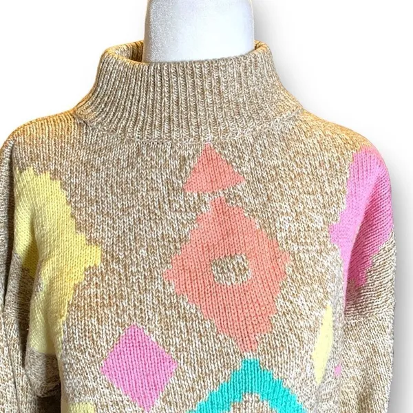 Vintage‎ 90s Sweater Geometric Multicolor Cropped Yellow Neutral Pullover Knit - Image 3