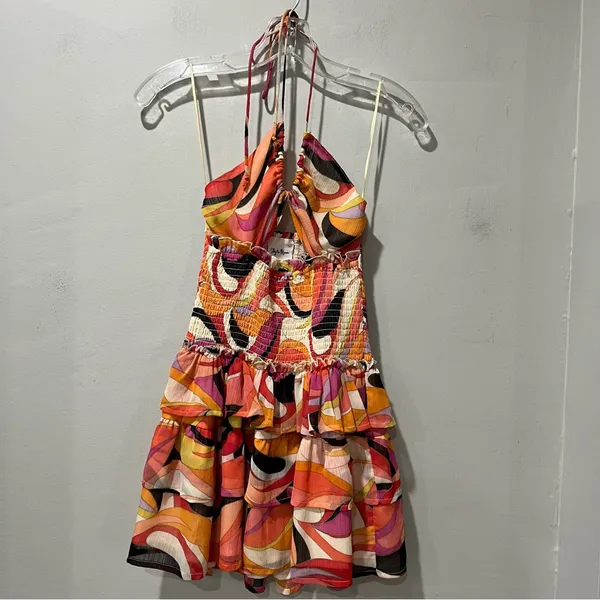 Sky‎ To Moon Dress Small Runched Mini Spaghetti Strap Open Back Orange Pi… - Image 2