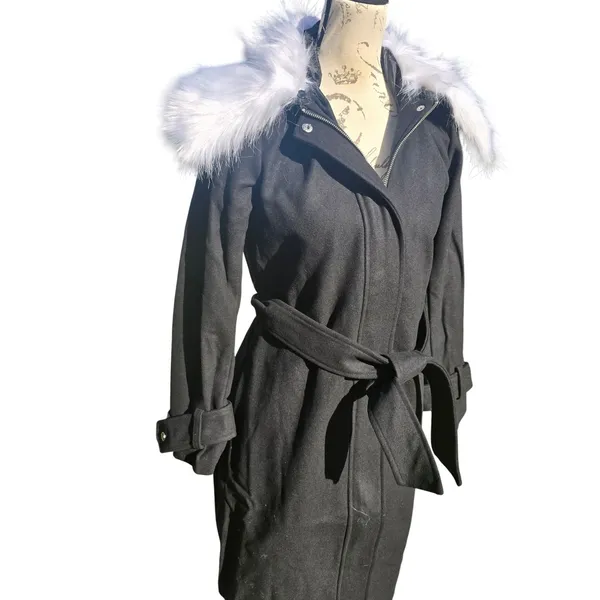 Gabrielle Union NWT Black Wool Blend Belted Coat Removable Faux Fur‎ Collar XS - Image 7