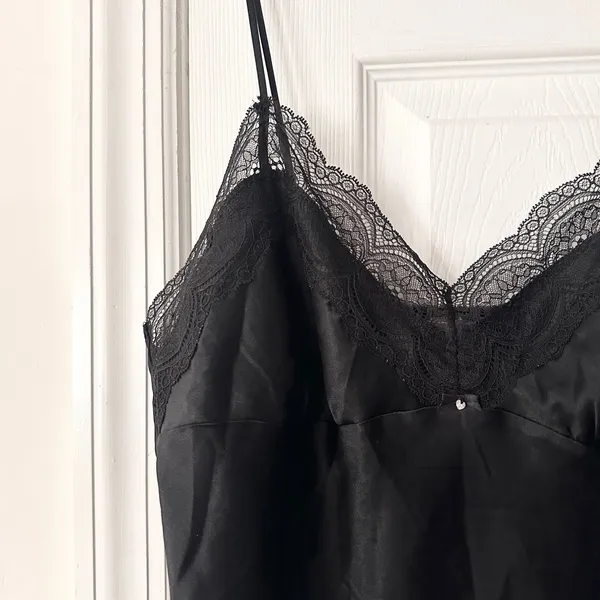 Victoria's Secret Black Satin Lace Trim Clear Jewel Accent Slip Tank Lingerie L - Image 2
