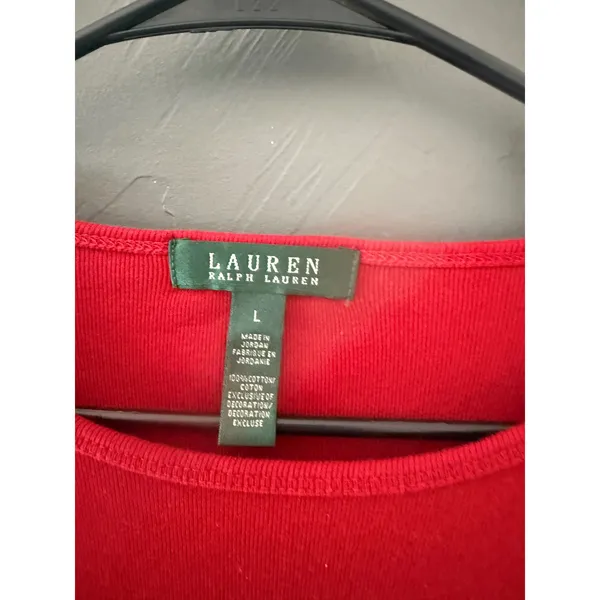 Lauren Ralph Lauren Womens Red‎ Ribbed Long Sl Cotton Preppy Old Money Top Large - Image 3
