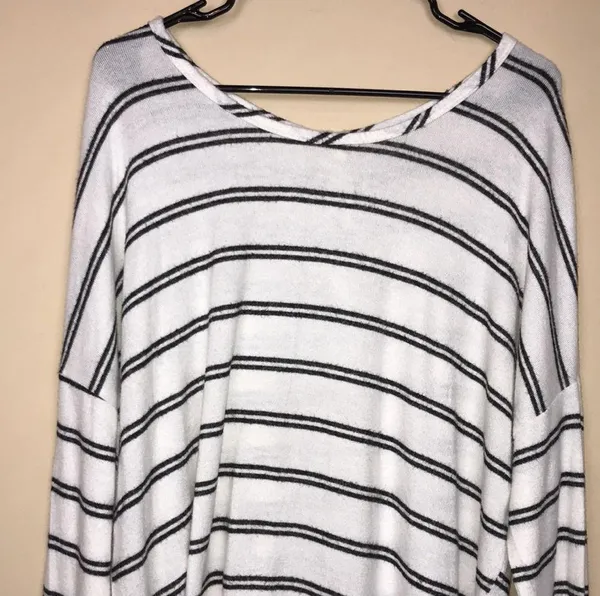 BKE Women’s Striped Fleece White Black Lightweight Buttons Back Sweater - Image 2