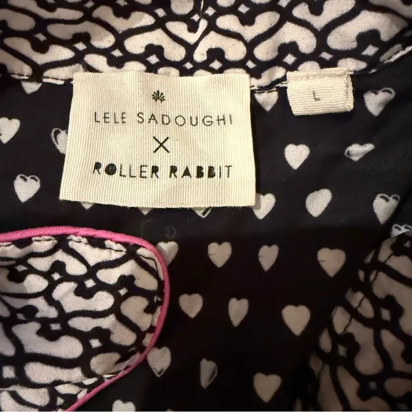 Lele Sadoughi x Roller Rabbit Black, White & Pink Heart Print Pajama‎ Set Sz L - Image 12
