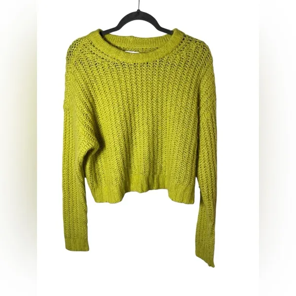 American Eagle Chunky Open Knit Cropped Sweater XS‎ Chartreuse Lime Green - Image 2