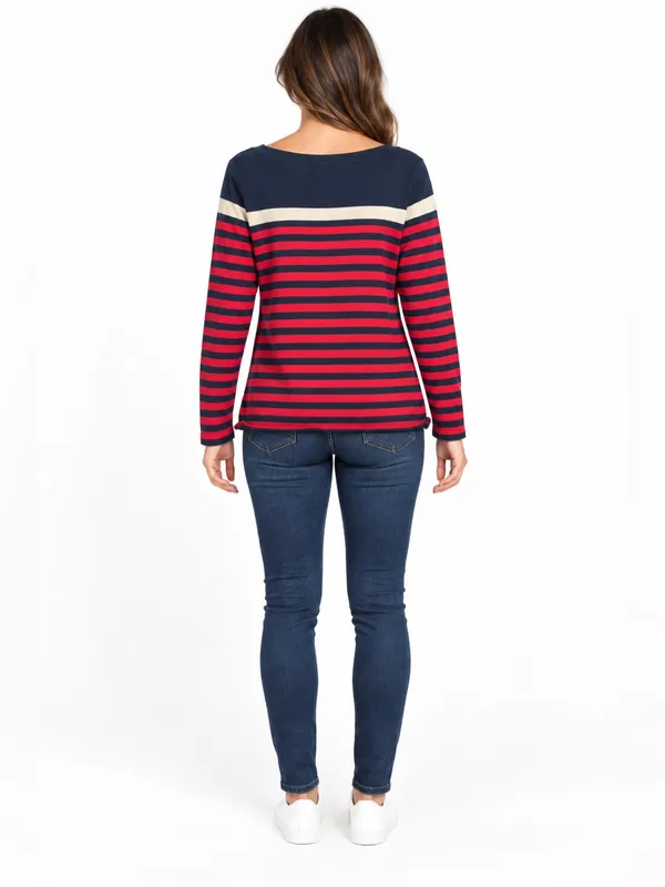 Tommy Hilfiger Women’s L Red Navy Gold Striped Cotton Sweater - Image 4