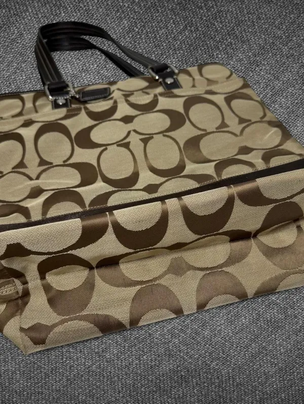 Coach Signature Jacquard Brown Leather Trim Tote Bag - Image 8