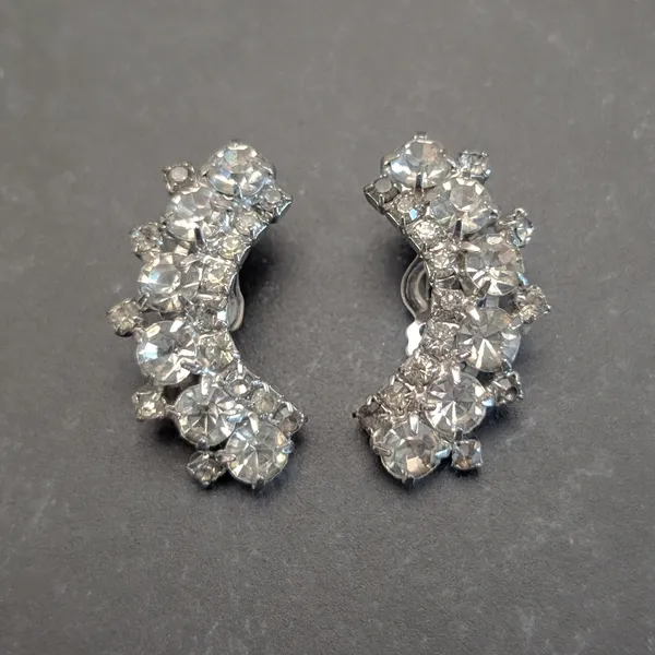 Vintage Clip On Earrings Large Curved Silver Tone & Clear Gems - Statement Glam - Image 2