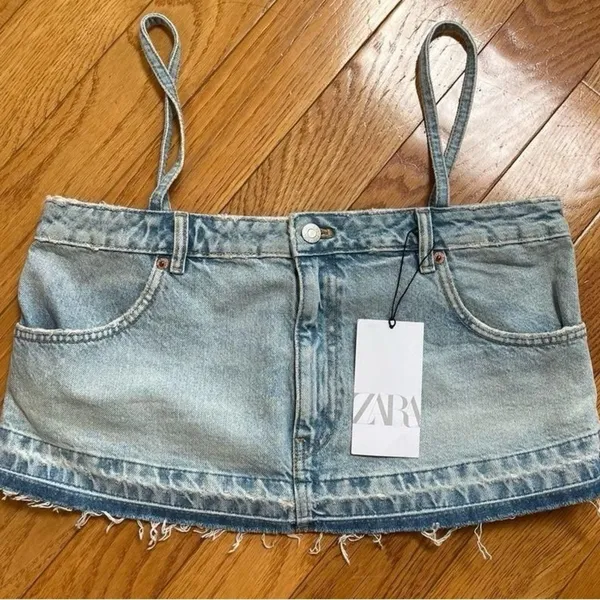 ZARA TRF‎ DENIM SKIRT EFFECT CROP JEAN TOP Sz XS - Image 4