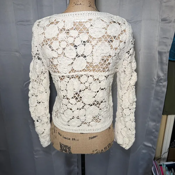Ivory Cardigan Women XS Cream Crochet Button Front Boho Sweater Cottagecore‎ - Image 3