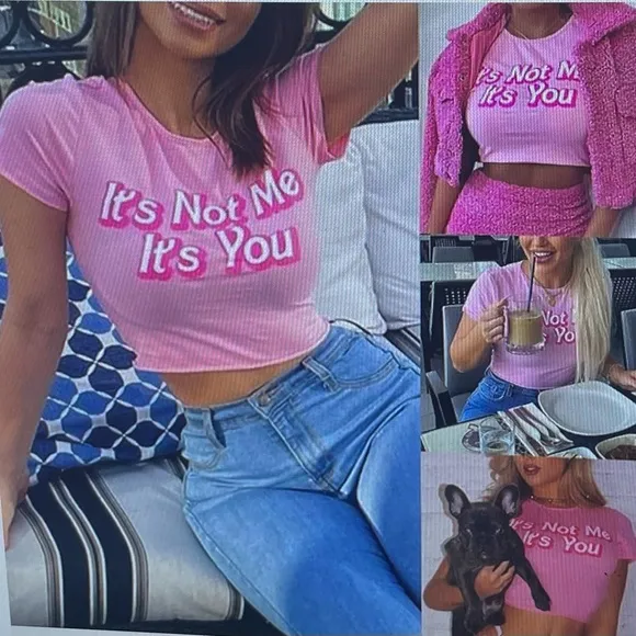Pink “It’s Not Me It’s You” crop top, size S Barbiecore boho Y2K western beach - Image 2