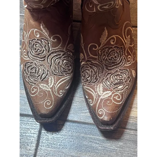 Wildflowers Bluebonnet Size 6 Brown Leather Rose Embroidered Cowboy Boots‎ Rodeo - Image 8