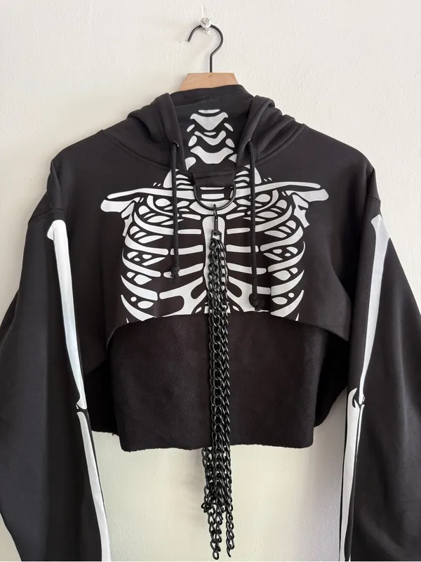 Dolls Kill Trickz N' Treatz Flesh N' Bones Reflective Skeleton Hoodie w Chains S - Image 2