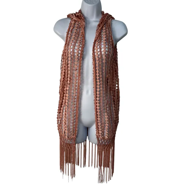 POL Duster Vest Crochet Fringe Trim Hood Size S‎ Dark Blush Pink Boho Rave Indie - Image 7