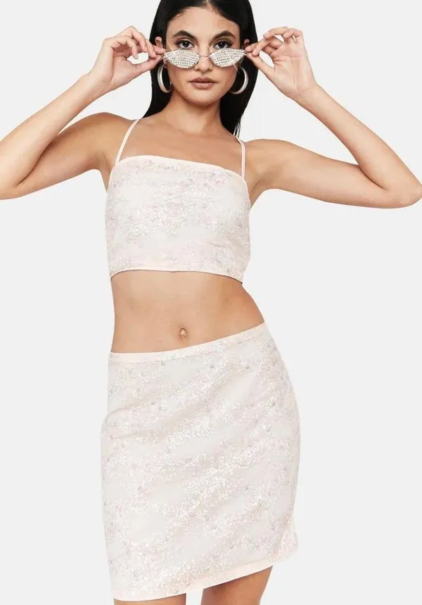 Dolls Kill NWT Vintage Y2K inspired sequin baby pink lace mini skirt M - Image 2