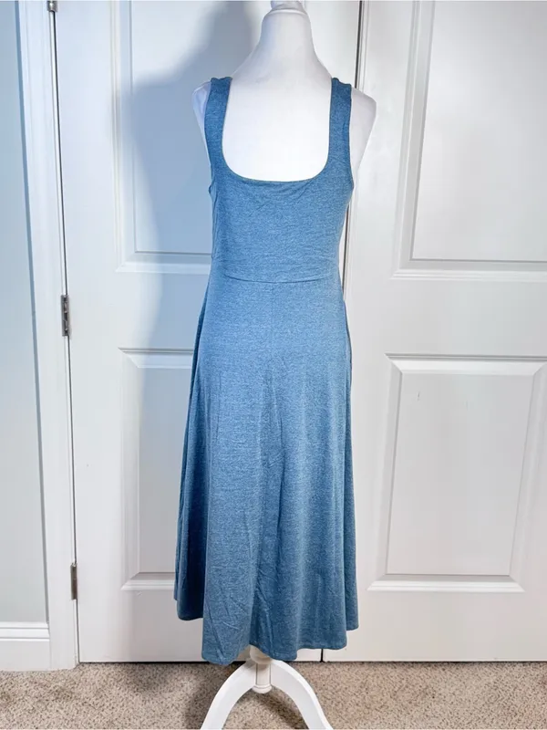 Quince Flowknit Breeze Dress L Blue Midi Fit & Flare Pockets Soft Stretch Travel - Image 4