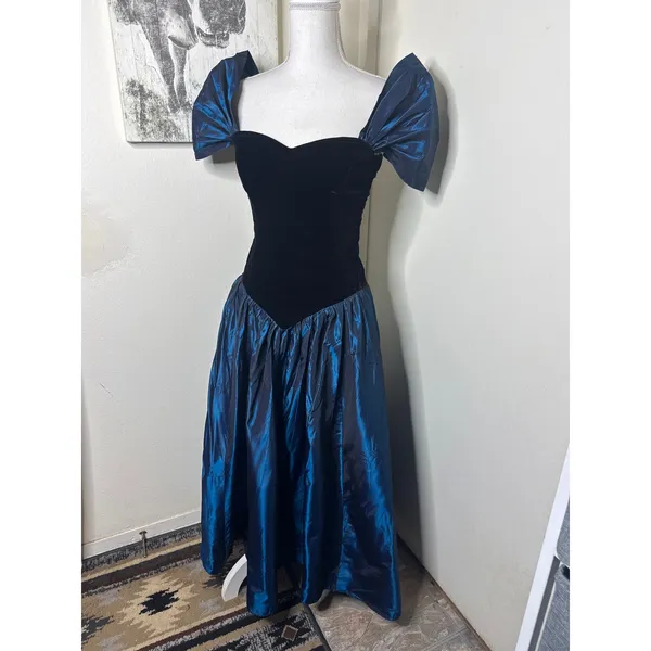 VTG 80s Blossoms by Loralie Dress Velvet Blue Iridescent Taffeta Prom Gown - Image 2