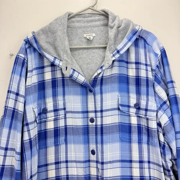 LL Bean Blue Plaid Sherpa Lined Flannel Hoodie Shirt Jacket Shacket Pockets 3X - Image 3