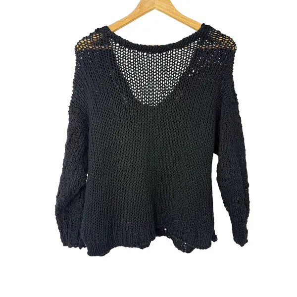 Free People Best Of You V-Neck Sweater Black Open Knit Slouchy Boho XS - Image 3